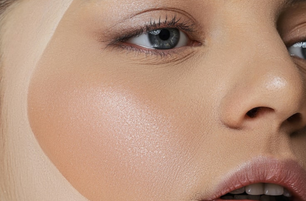 closeup of a woman's face with glowy foundation on