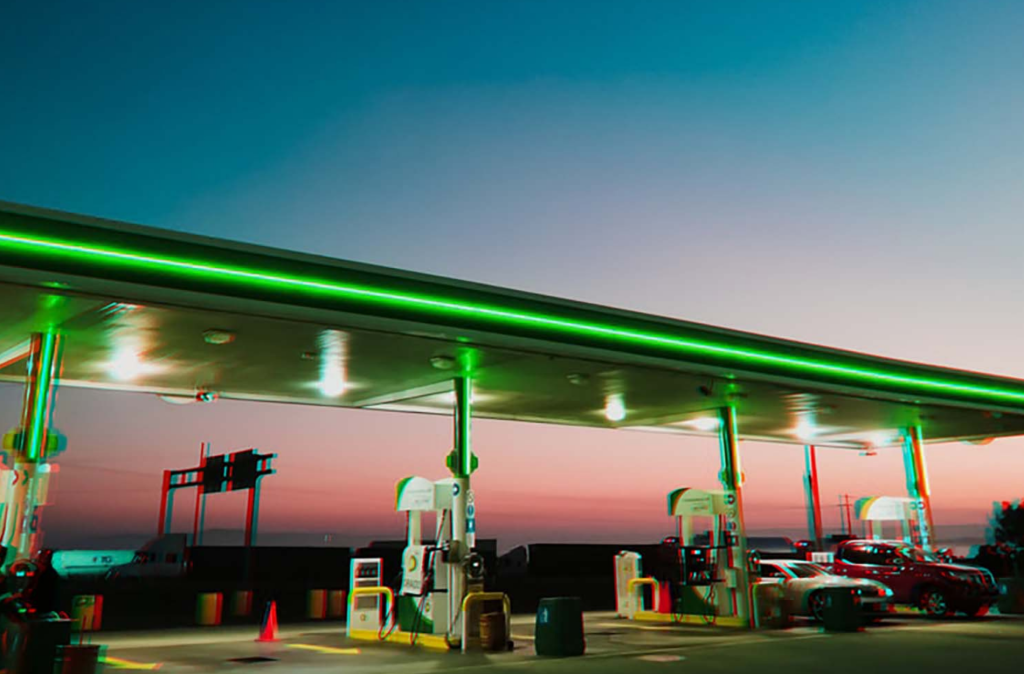 A BP forecourt with a sunset in the background